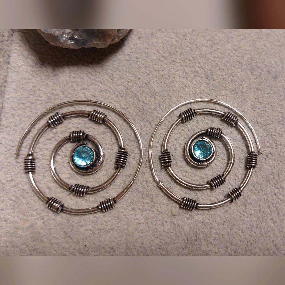 Silver Spiral Earrings With Blue Topaz 💙
